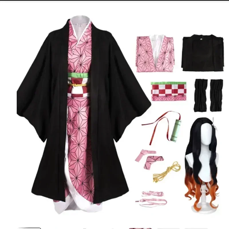 Anime Nezuko Cosplay Kamado Nezuko Cosplay Costume Nezuko Wig Uniform with Props for Adult Kids Halloween Carnival Costumes