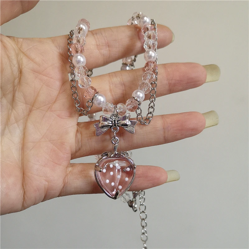 Gotico Vintage rosa croce fragola ciondolo nappa perla perline collana catena serpente donna Y2K 2000s EMO accessori gioielli