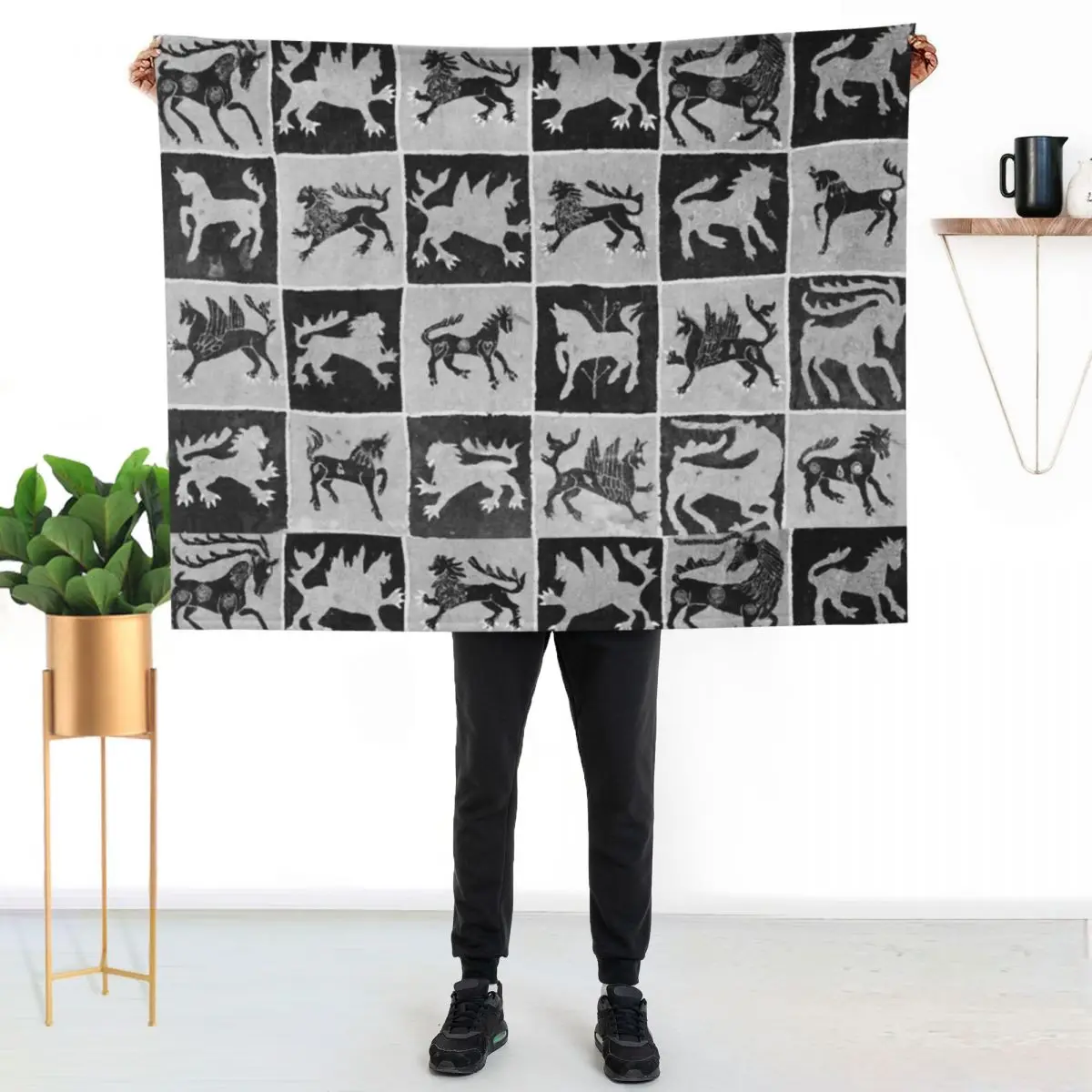 

BLACK WHITE MEDIEVAL BESTIARY, DEERS, UNICORNS LIONSAntique Scandinavian Tapestry Throw Blanket