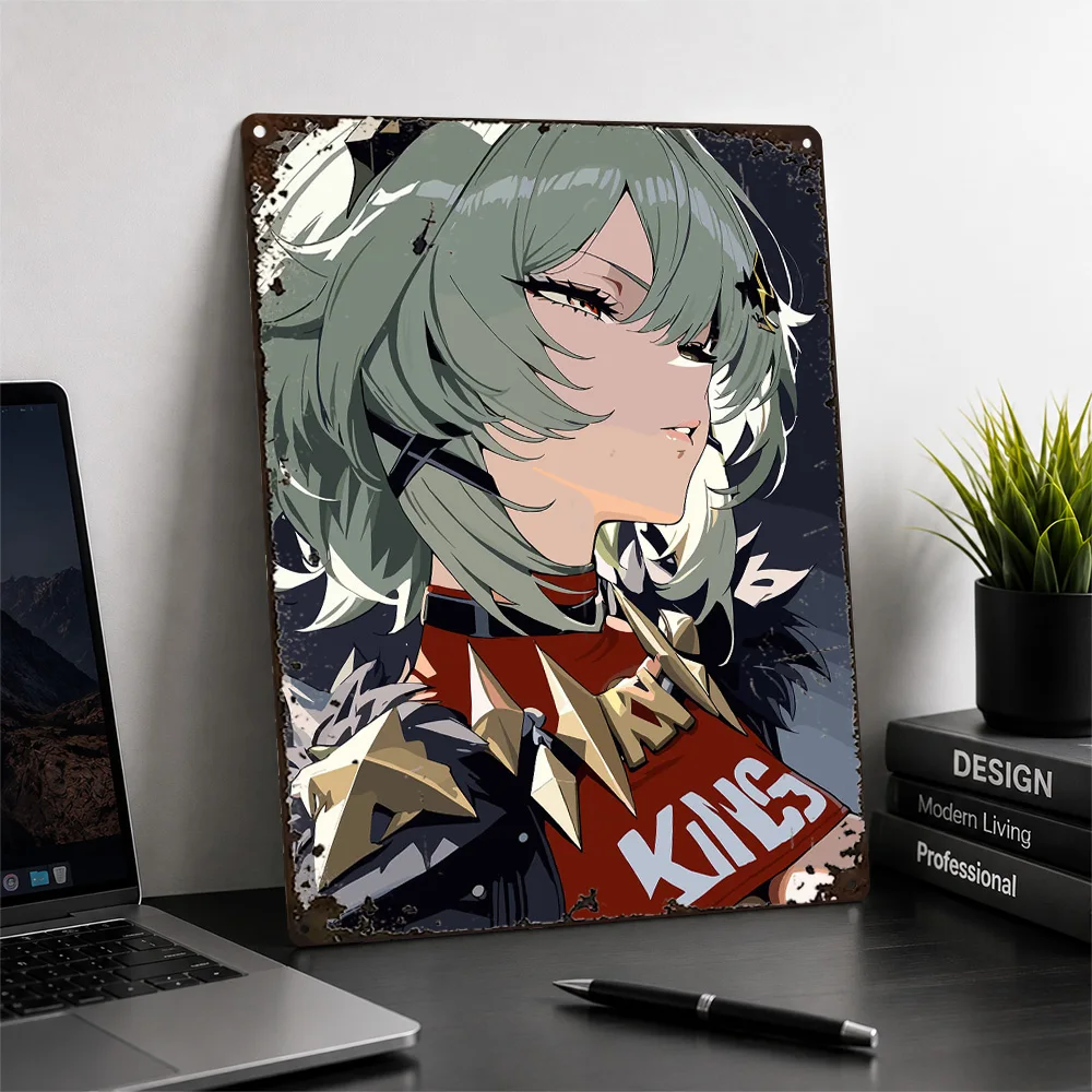 Green Haired Girl Spiked Collar Textured Metal Poster Anime Wall Art For Gaming Room Customized Aluminum Sign Fantasy Fan Gift