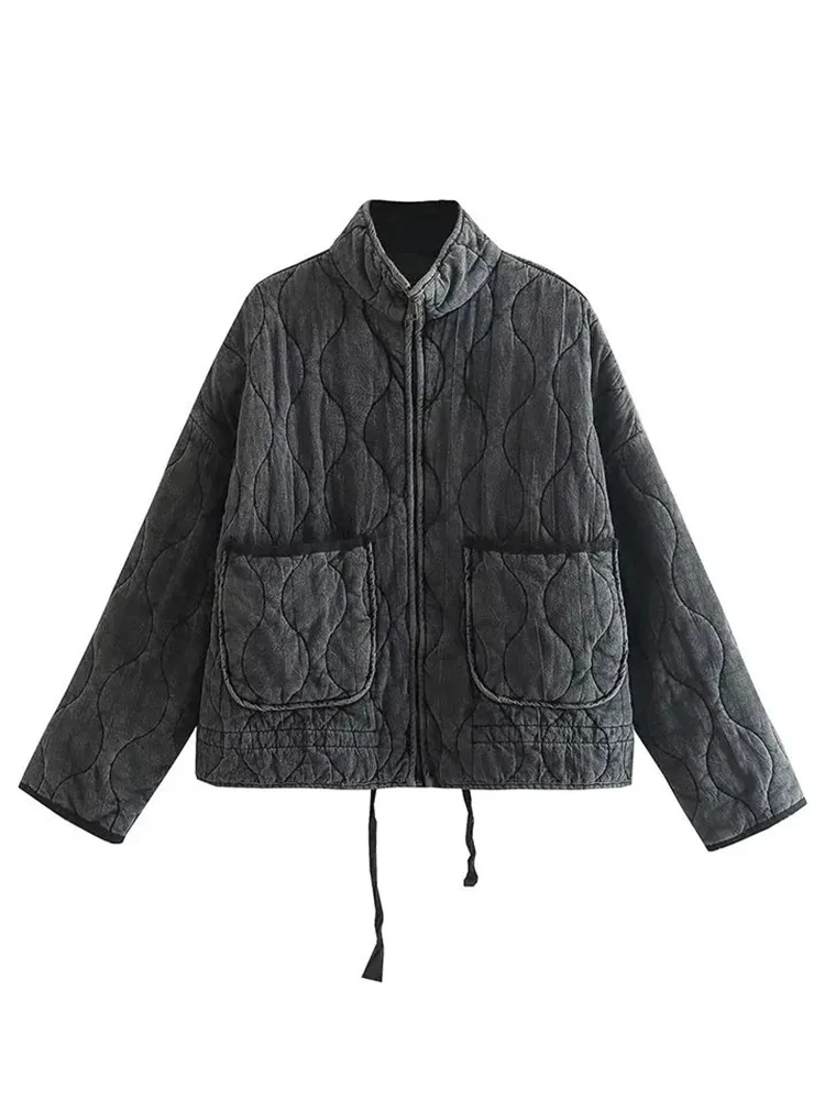 

женская мода осень и зима новый Европа и Соединенные Штаты ретро свободный досуг сплошной цвет с длинными рукавами короткая куртка карман молния стяжки украшения стоя стеганые утолщенные теплый хлопок куртка