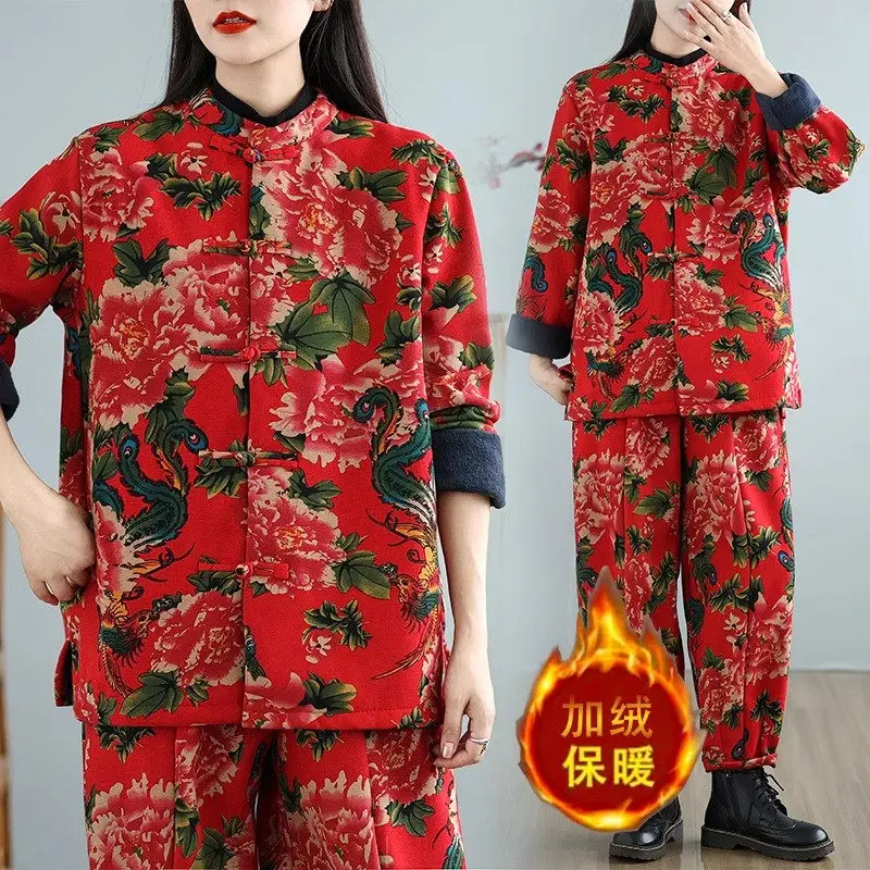 Ropa de invierno de estilo étnico del noreste, chaqueta de algodón cálida de lana gruesa con flores grandes, conjunto de pantalones, chándales de dos piezas A594, 2024