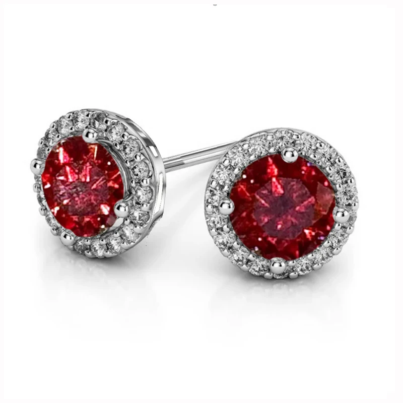 الكلاسيكية 100% مويسانيتي 925 فضة روبي 6.5 مللي متر قطع مستديرة هالة الأبيض الماس وأقراط مجوهرات #2