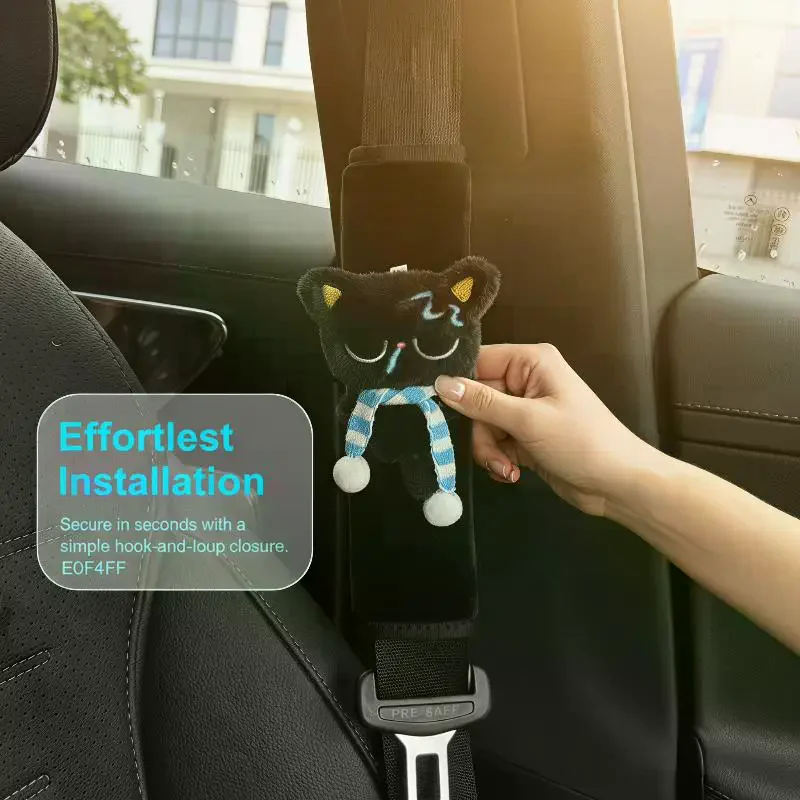 Plush Black Cat Car Seat Belt Shoulder Pads Soft Fluffy Cute Cartoon Design For Daily Driving Car Interior Decor