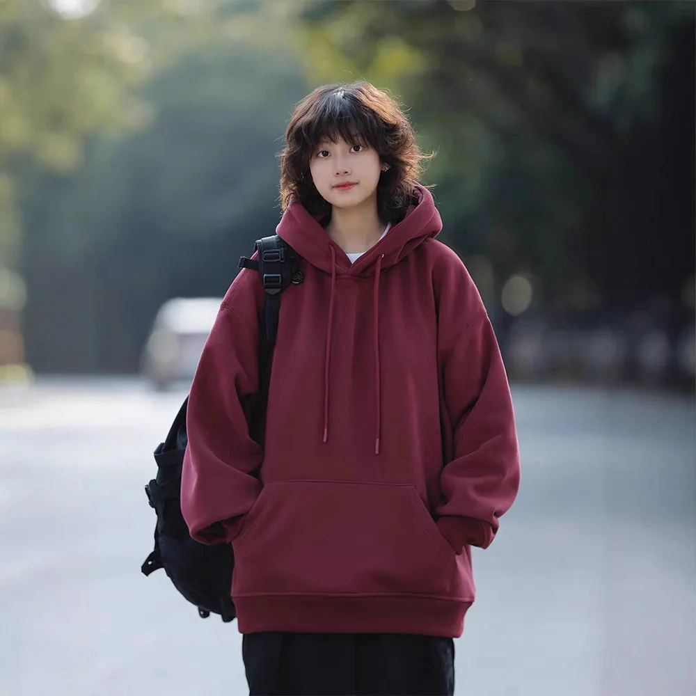 Retro Japanese Style Heavyweight Solid Color Hoodie Unisex Autumn Winter Casual Loose Warm Couple Inner Wear Top Coat