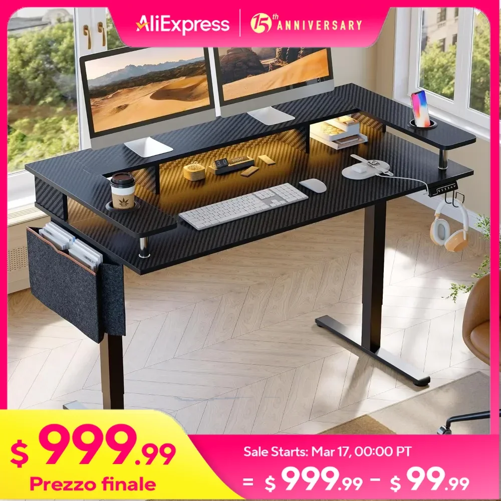 58x26 Inch Computer Desk with Monitor Stand, Headphone Hook & Storage Bag, Adjustable Height, LED Electric Standing Desk