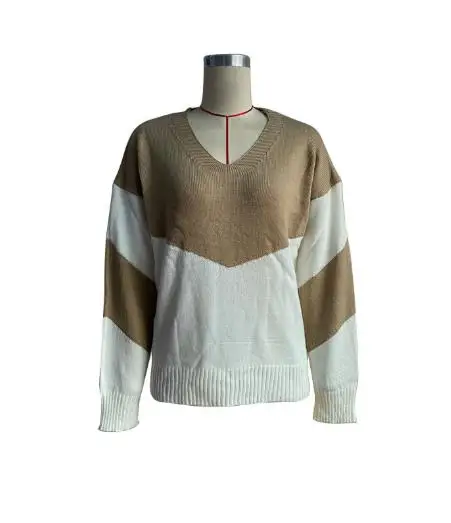 Women's V-Neck Autumn Contrast Knit Sweater - usage example