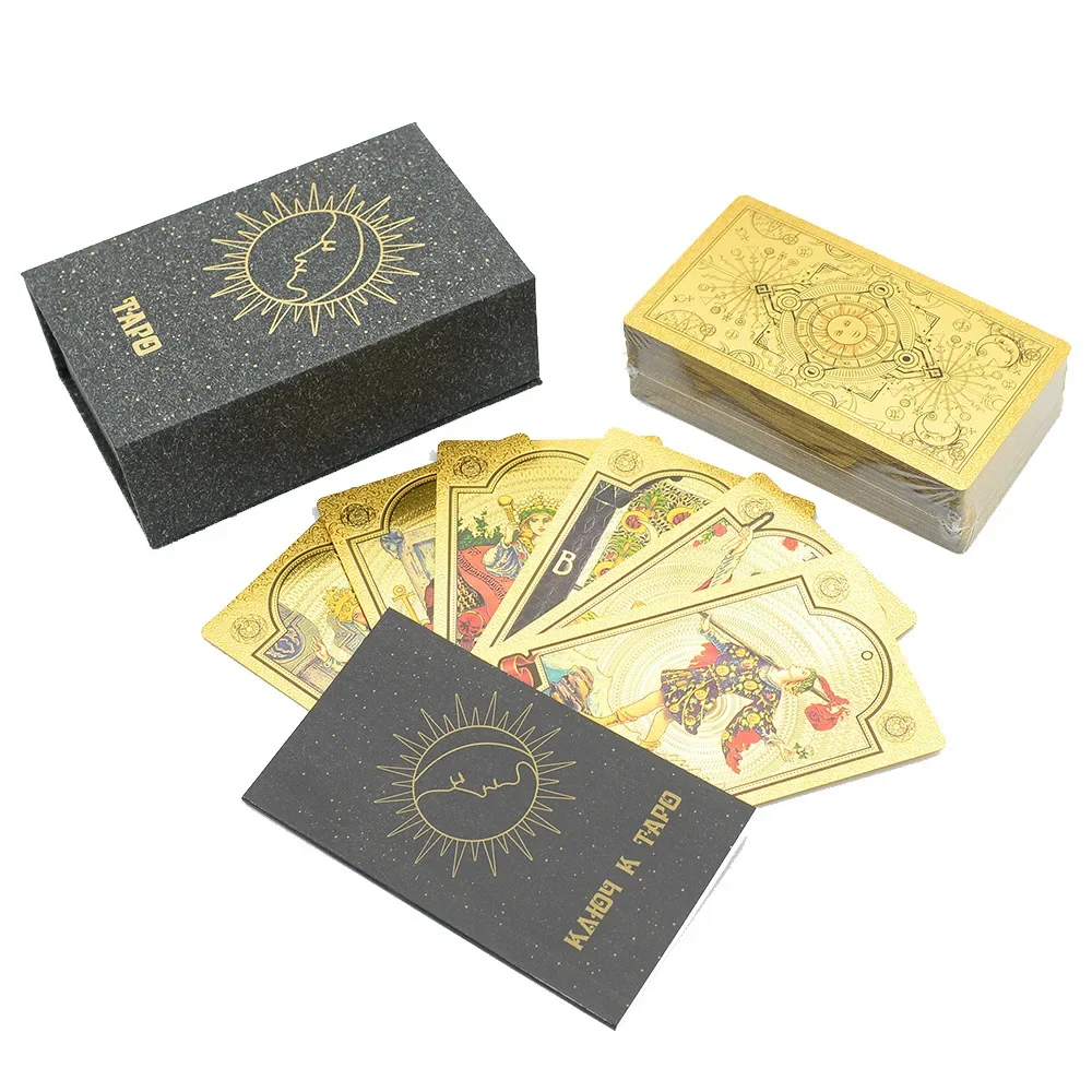 Russian Version Gold Foil Tarot 12x7cm Card Game PVC Waterproof Board Game Cosmic Black Set Poker Divination Gift Box Manual