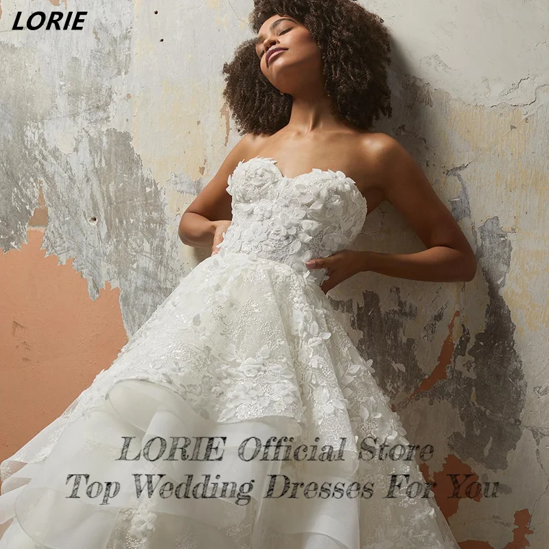 LORIE Classic Off Shoulder Lace Wedding Dresses Sweetheart Backless Bridal Gowns With Tiered Ruffles Appliques Skirt Bride Dress