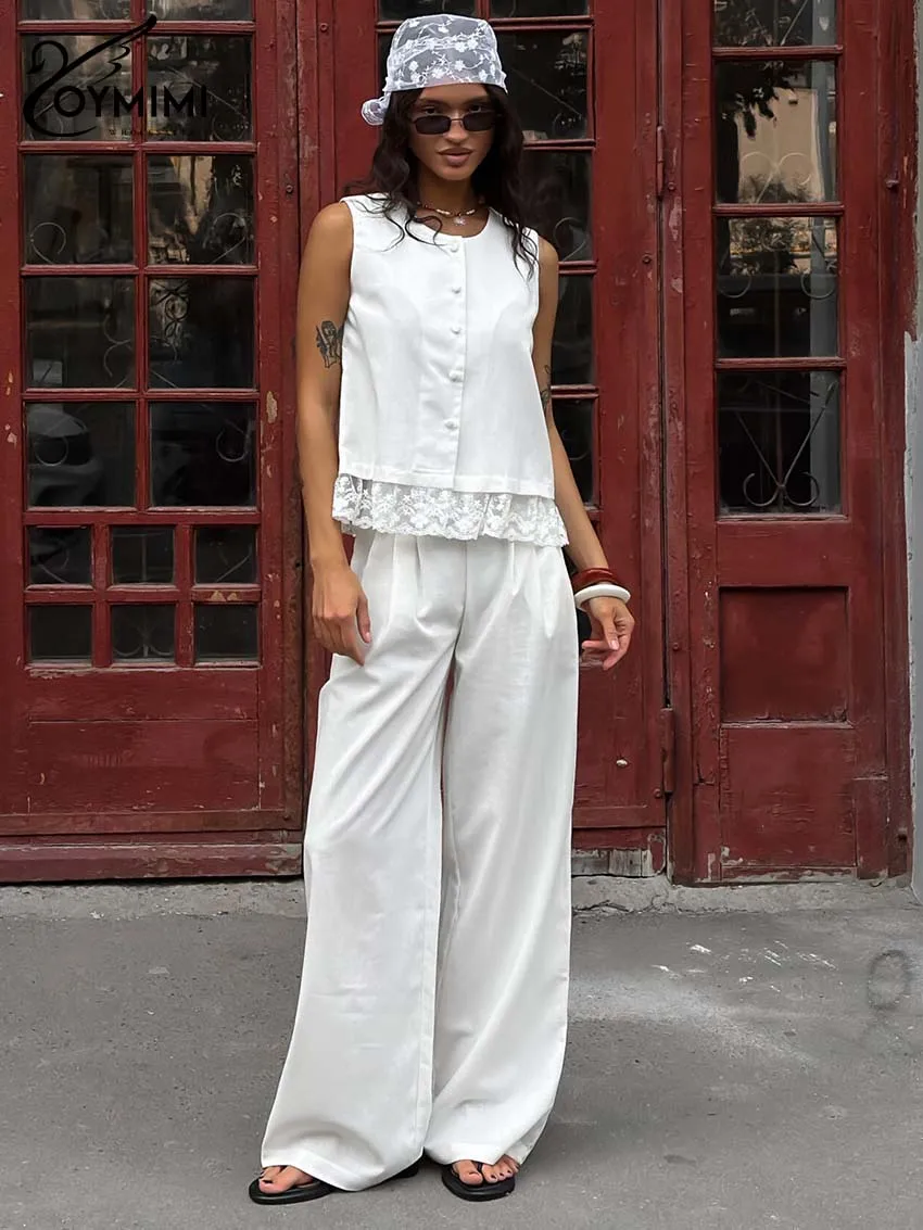 

Oymimi модный белый хлопковый женский комплект из 2 предметов, элегантные кружевные рубашки без рукавов с круглым вырезом на пуговицах и простые комплекты прямых брюк