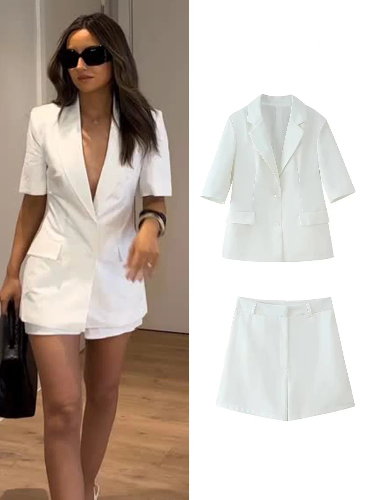 

HH женский комплект из 2 предметов, однотонный однобортный пиджак с короткими рукавами и лацканами + карманы на молнии с высокой талией, летние простые шорты