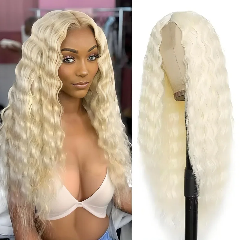 Light Golden Center-Parted Bangs And Sea Ripple Women'S Wig Personalized Fashion Party Simulation Head-Wearing Synthetic Wig