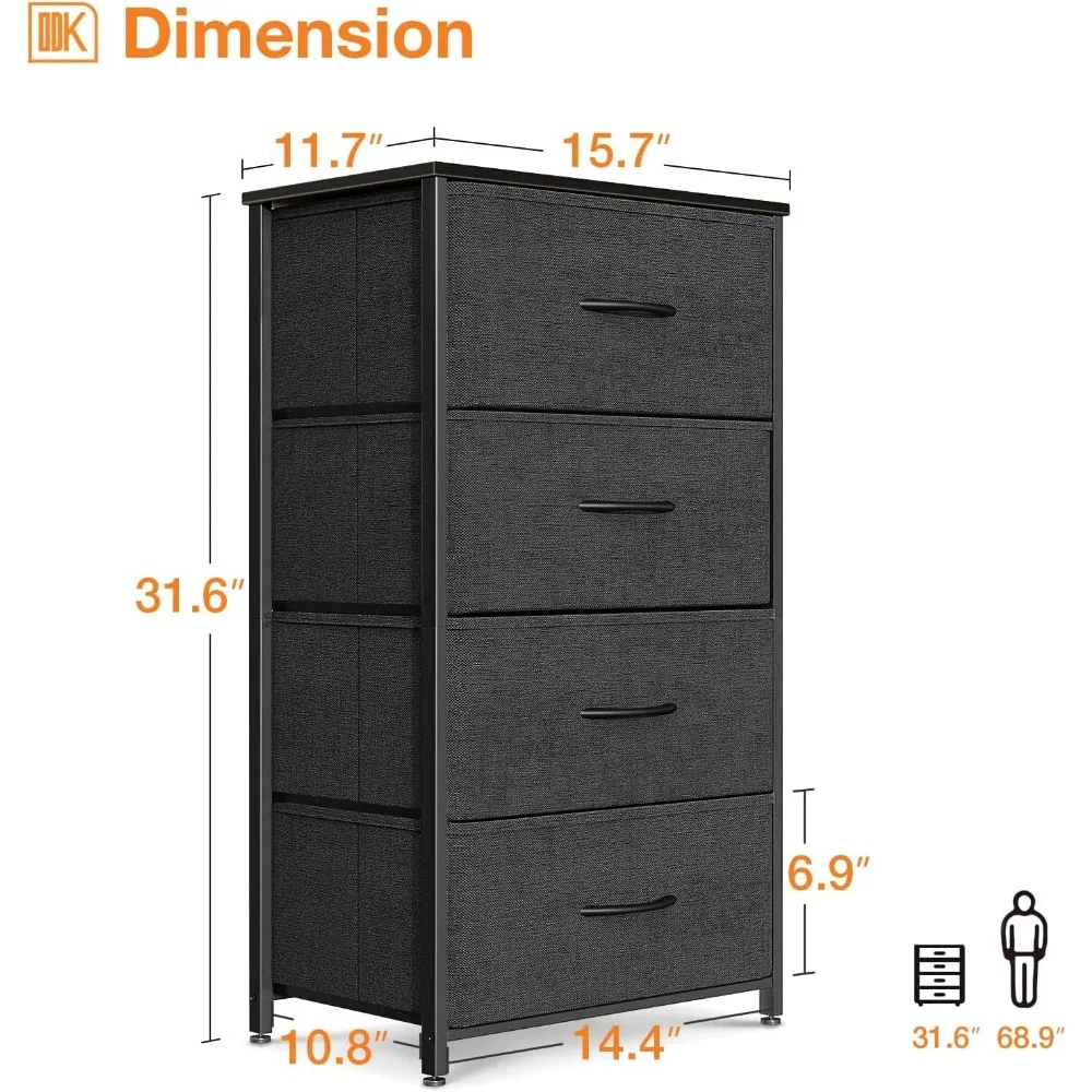 Cómoda para dormitorio con 4 cajones de almacenamiento, cómoda pequeña con cajones de tela con estructura de acero resistente, tapa de madera, negro