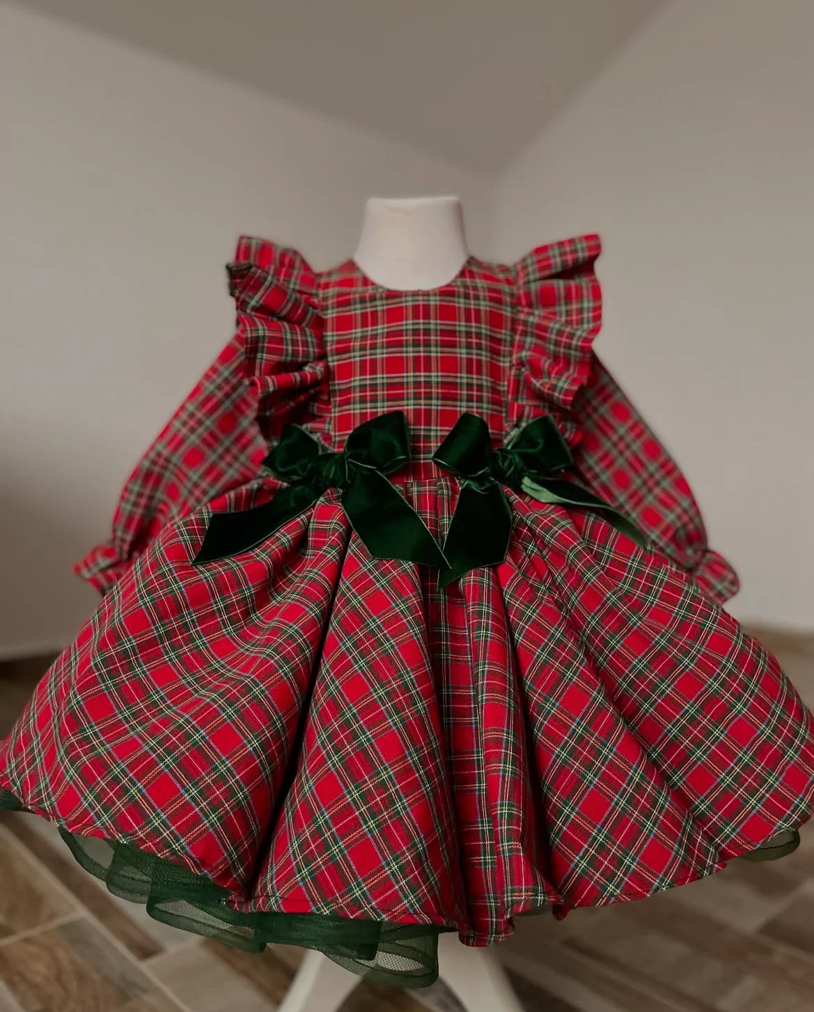 0-12Y Baby Girl  Autumn Green Plaid Vintage Red Dress for Birthday Photography Holiday Eid Christmas Casual C90