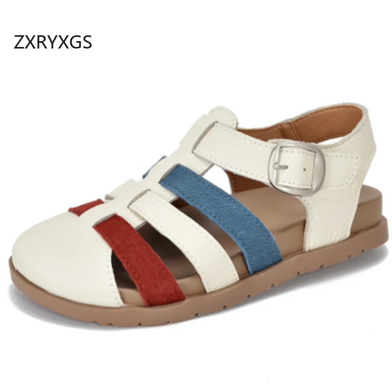ZXRYXGS Summer Top Cowhide Spell Colors Women Fashion Sandals 2026 New Round Toe Hollow Flat Comfort Real Leather Roman Sandals