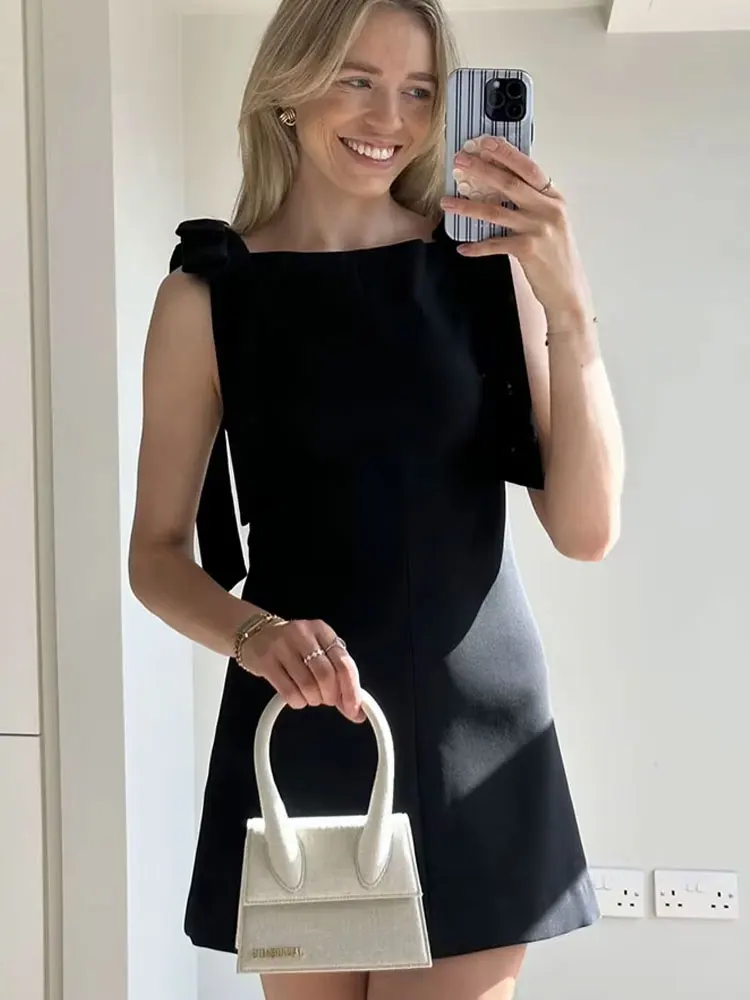 HH Female Elegant Midi Suspender Dress Sleeveless Back Zipper Slim 3D Bow Design Evening Women\'s Party Vintage Dresses Mujer
