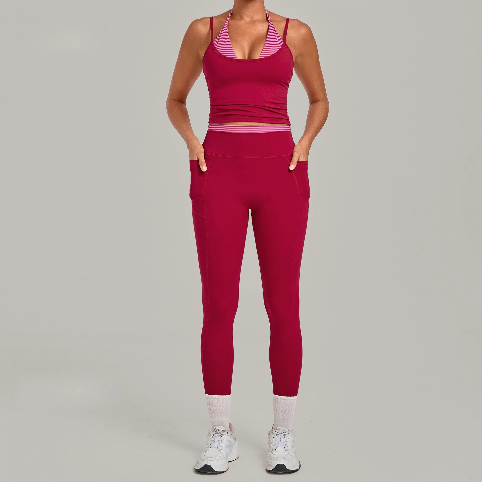 Vintage Print Yoga Set with Side Pockets Butt-lifting Leggings+Double Shoulder Strap Tank Top Built-in Bra Running Activewear