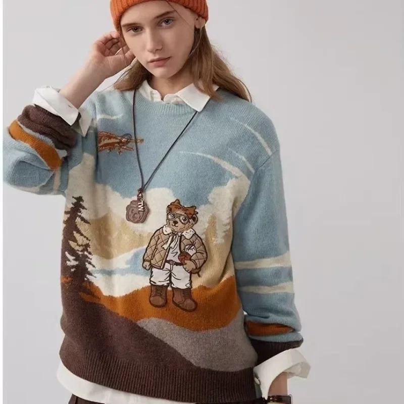 Classics Cashmere Cute Bear Embroidery Sweater Women Pullover 2025 Loose Streetwear Casual O-neck Long Sleeve Jumper Korean Tops