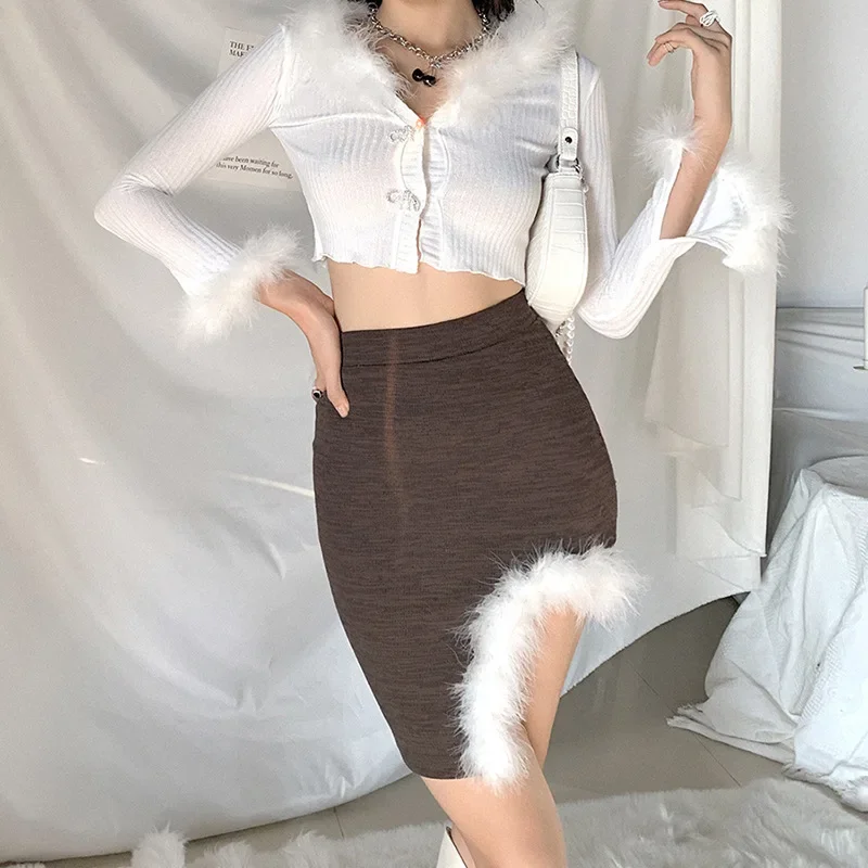 

Sexy Bodycon Furry Plush Clubwear 2023 New Spring Autumn Women's Skirts Slim High Waist Chic Irregular Slit Mini Skirt Korean