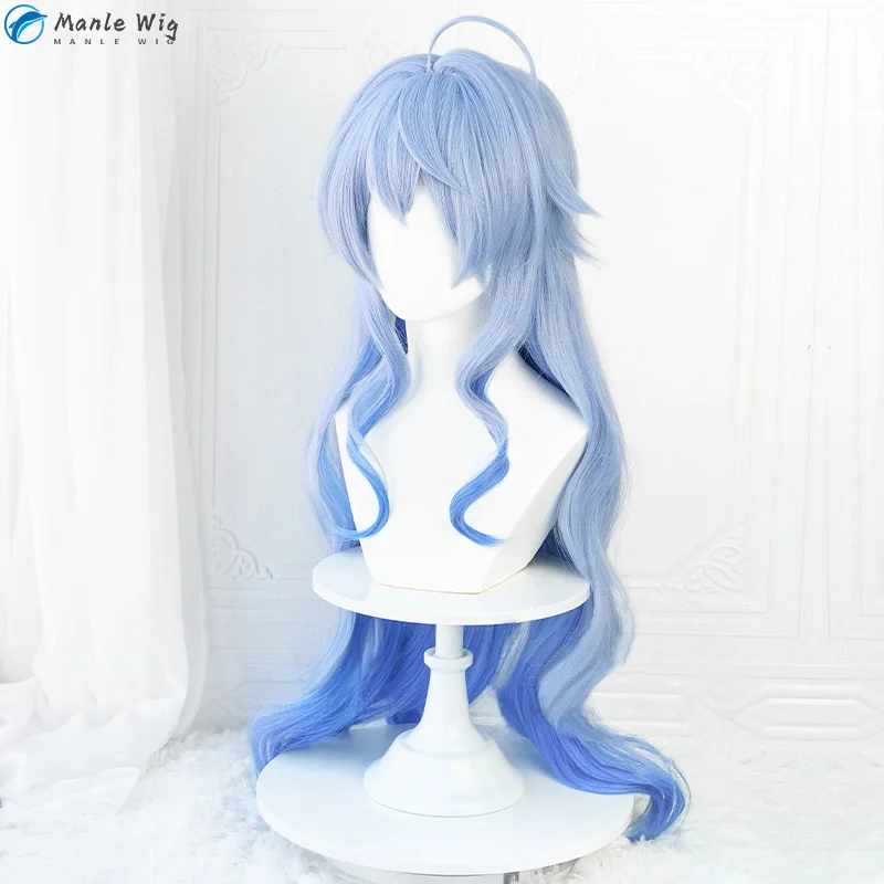 Genshin Impact Ganyu Cosplay Peruca, Gradiente Azul Cabelo Encaracolado, Peruca Anime Resistente Ao Calor, Boné, 90cm