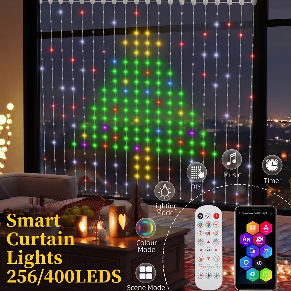 Smart Curtain Lights LED Color Changing RGB String Fairy Light DIY Pattern Music Sync for Backdrop Party Outdoor Holiday Decor