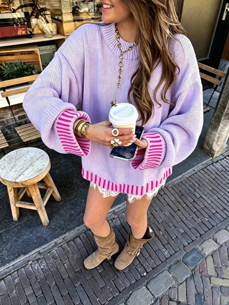 Autumn Winter New Warm Crochet Tops Fashion Color Blocked O-neck Knitted Pullovers Elegant Long Sleeve Women's Casual Sweater