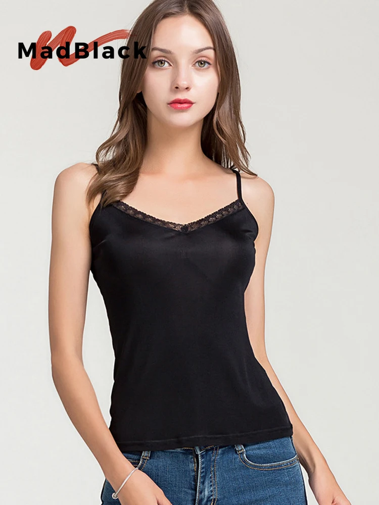 MadBlack-25%Silk 75%Viscose Elegant Knit Sling, Lace Patchwork, Women Casual Skin-friendly Thin Slim Camis, 2026 Autumn T69346CC