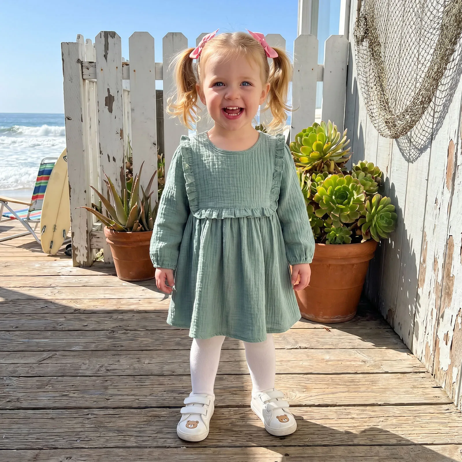 Children Kids Baby Girls Casual Dress Cotton Linen Solid Color Round Neck Long Sleeves Ruffled Holiday Party Dress Sundress