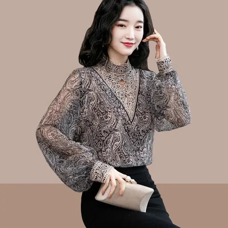 Women Blouse Chiffon Shirt Women\'s Long-Sleeved Spring Printed Lace Shirt Top Blusas Mujer De Moda