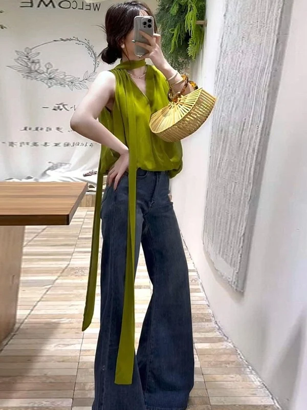 

Элегантная зеленая шелковая блузка с поясом, женский дизайн, премиум-класс, повседневный стиль, корейский свободный крой, V-образный вырез, без рукавов, стандартная длина