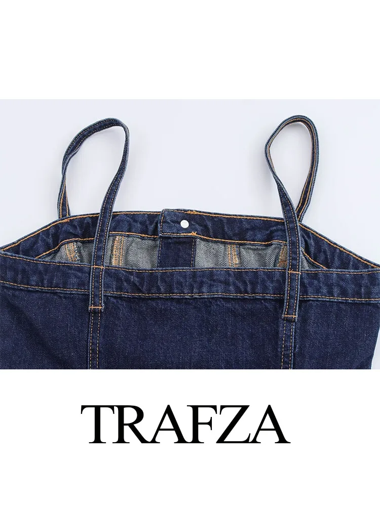 Trafza weibliche Sommer elegante Overall Denim ärmellose rücken freie Taschen einreihige Frauen mit Gürtels ch linge Overalls Mujer