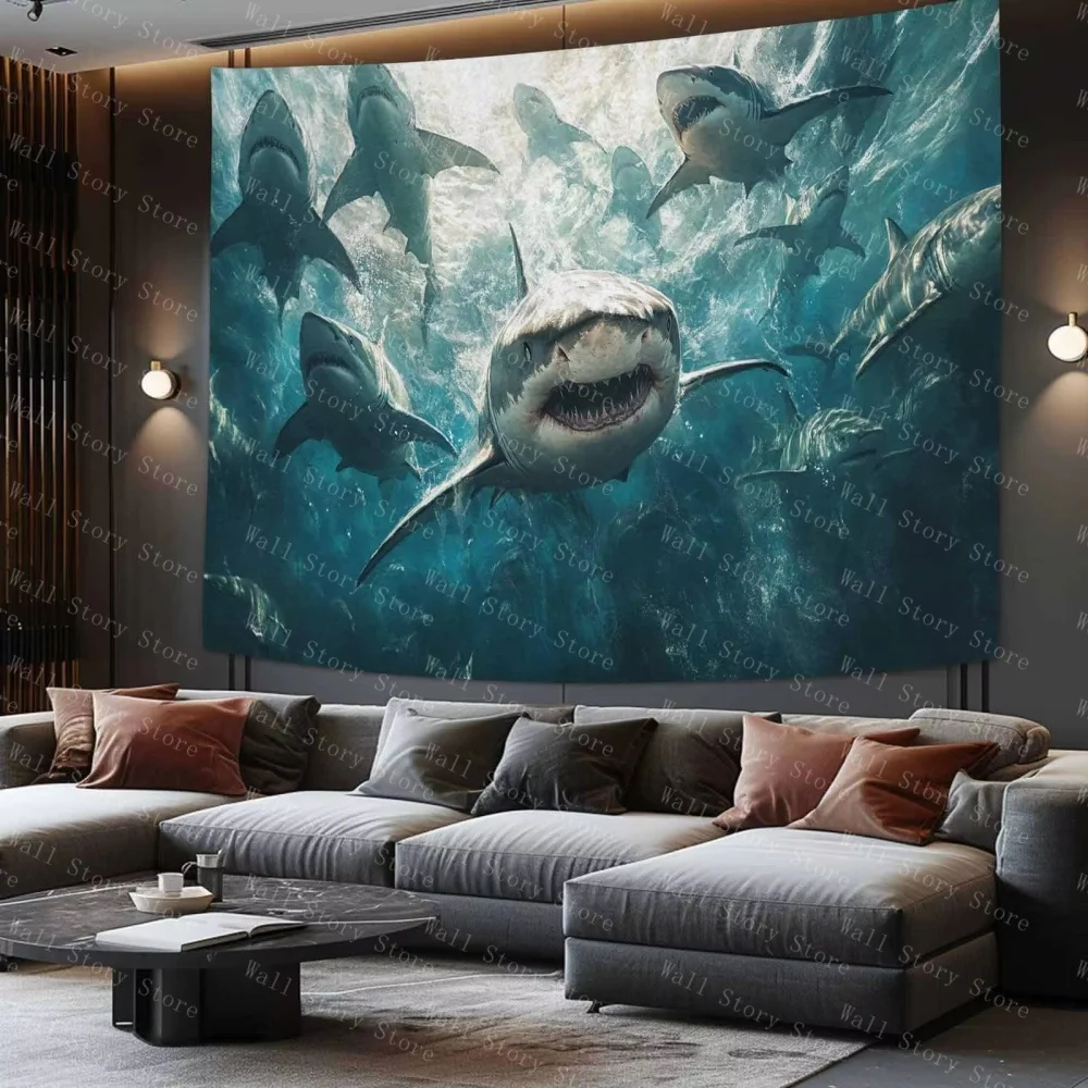 

Подводный гобелен с акулой, тема океана, настенный гобелен для гостиной, гобелен для спальни, прикроватный гобелен, аркадный гобелен