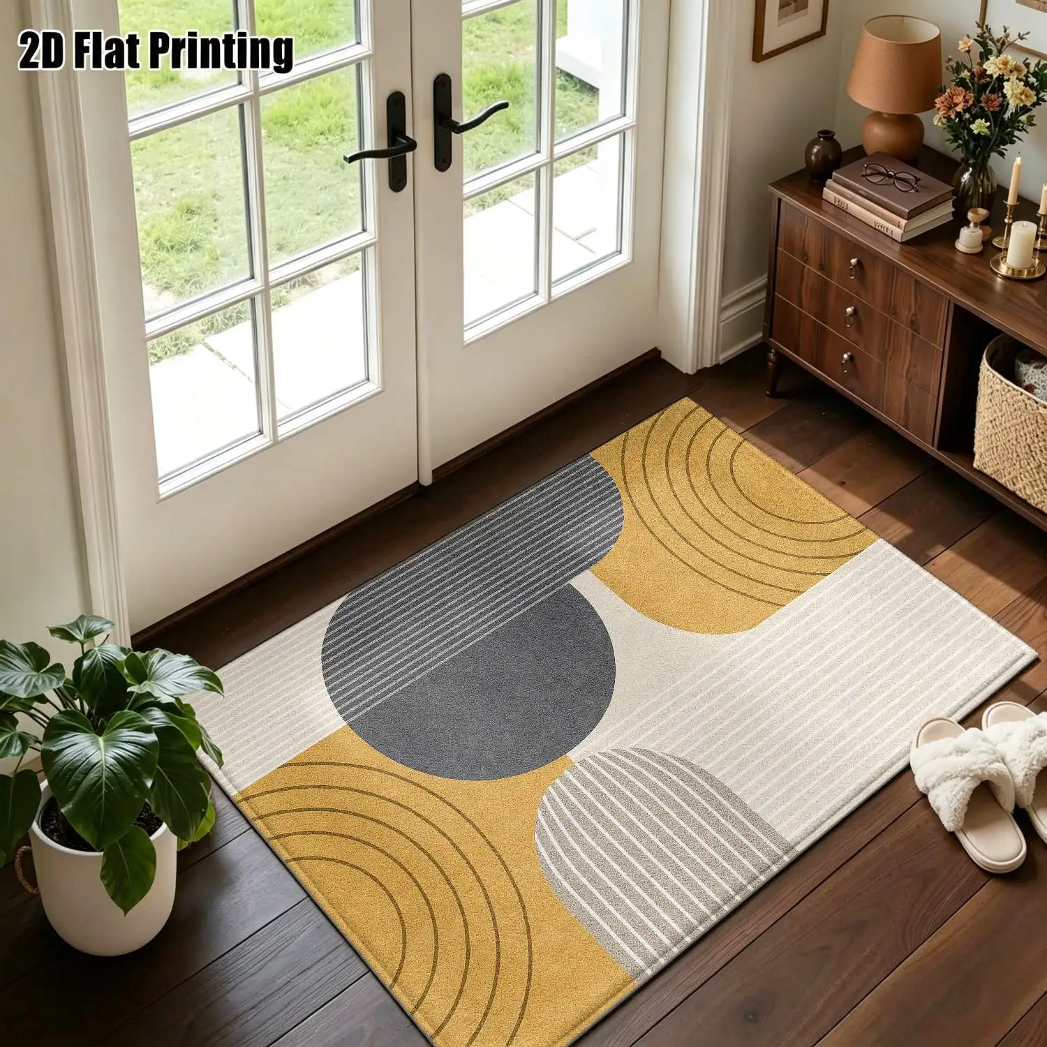 1Pc 2D Printed Carpet: Yellow-Grey Geometric Abstract Nordic Style, Instagram-Inspired Modern Minimalist Floor Mat, Machine Washable, Multi-Size, Suitable for Home Decor, Entrance/Dining/Foyer/Living Room/Bedroom Use