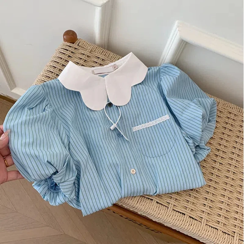 Japanese Style Korean Summer New Blouses Women\'s Patchwork Striped Pocket Lace Button Peter Pan Collar Loose Short Sleeve Shirts