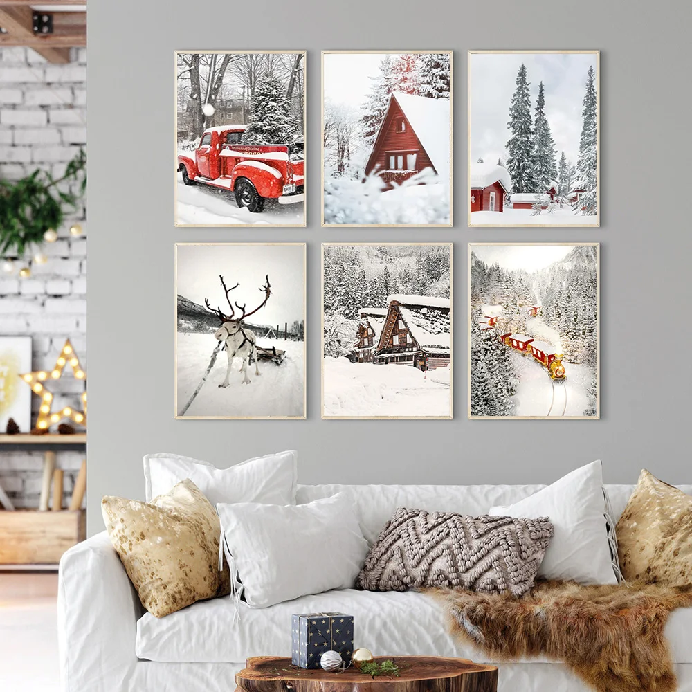 Winter Countryside Reindeer Red House Snow Scene Canvas Painting Nordic Christmas Poster Living Room Holiday Wall Art Decor