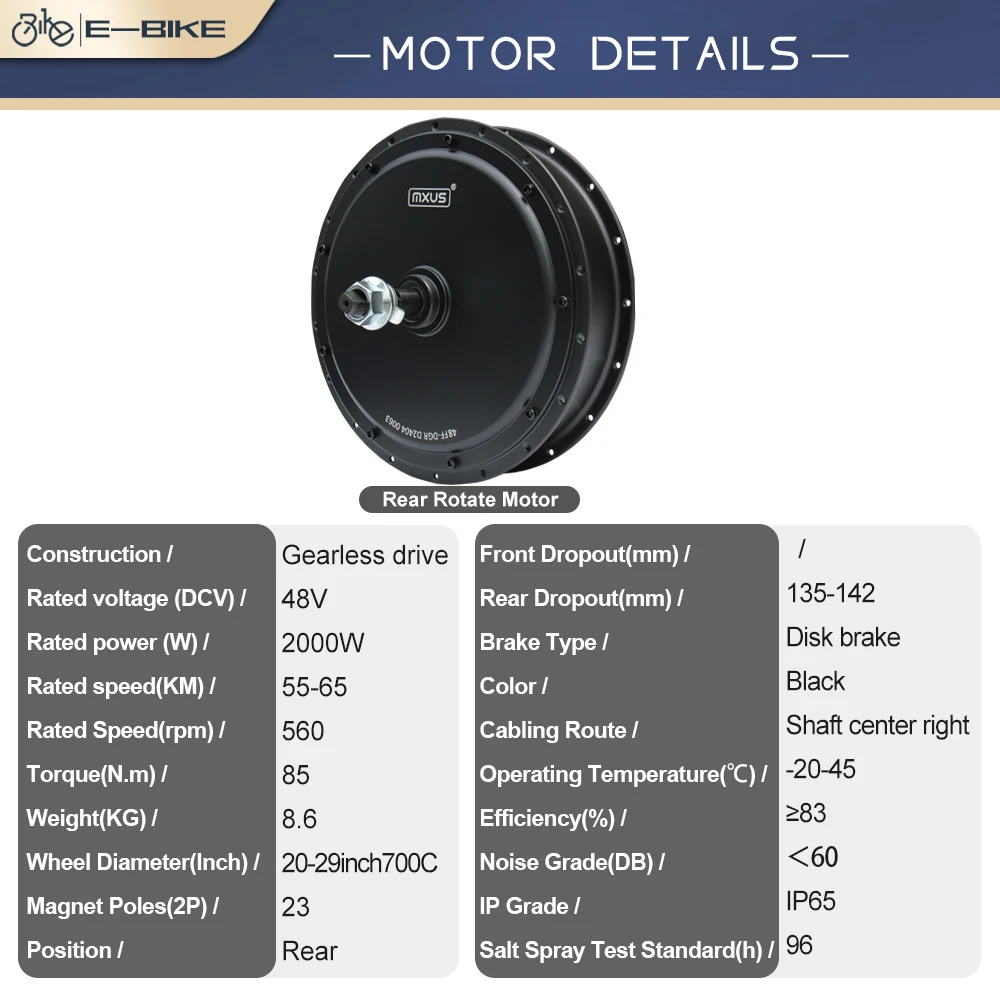 MXUS Brand 48V2000W Motor Only Ebike Brushless Non-gear Hub Motor Dropout 135-142mm for Electric Bike Controller Kit