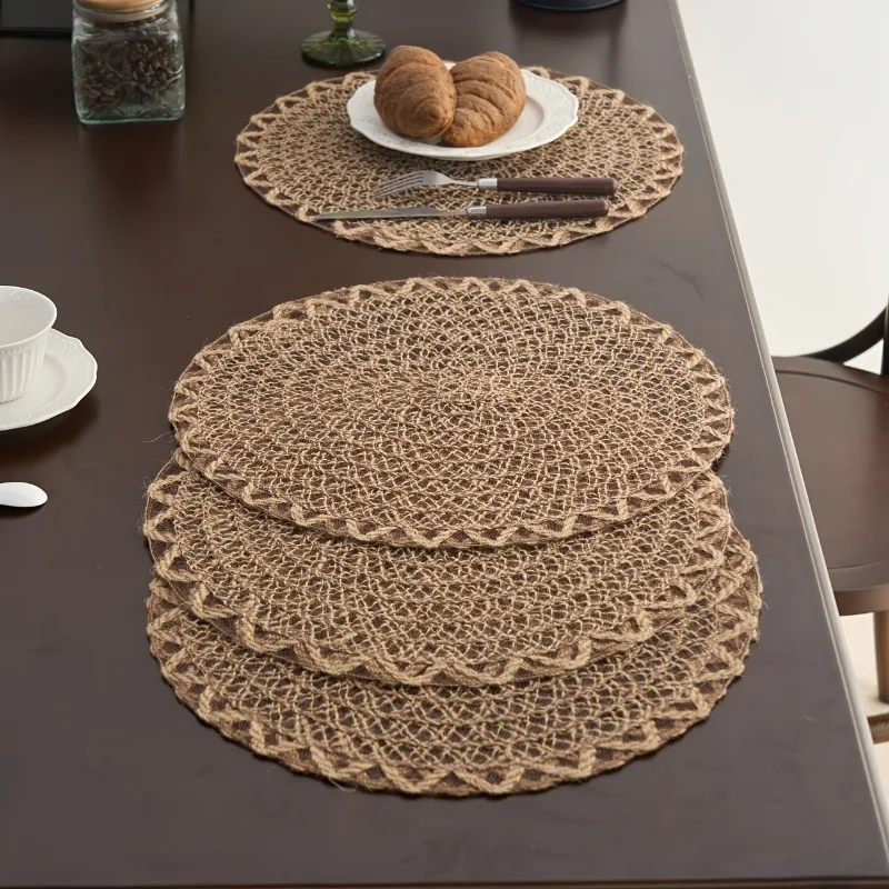 1/4/6/12pcs Jute Outer Ring Wave Woven Placemats, American Country Vintage Decorative Non-Slip Table Mats
