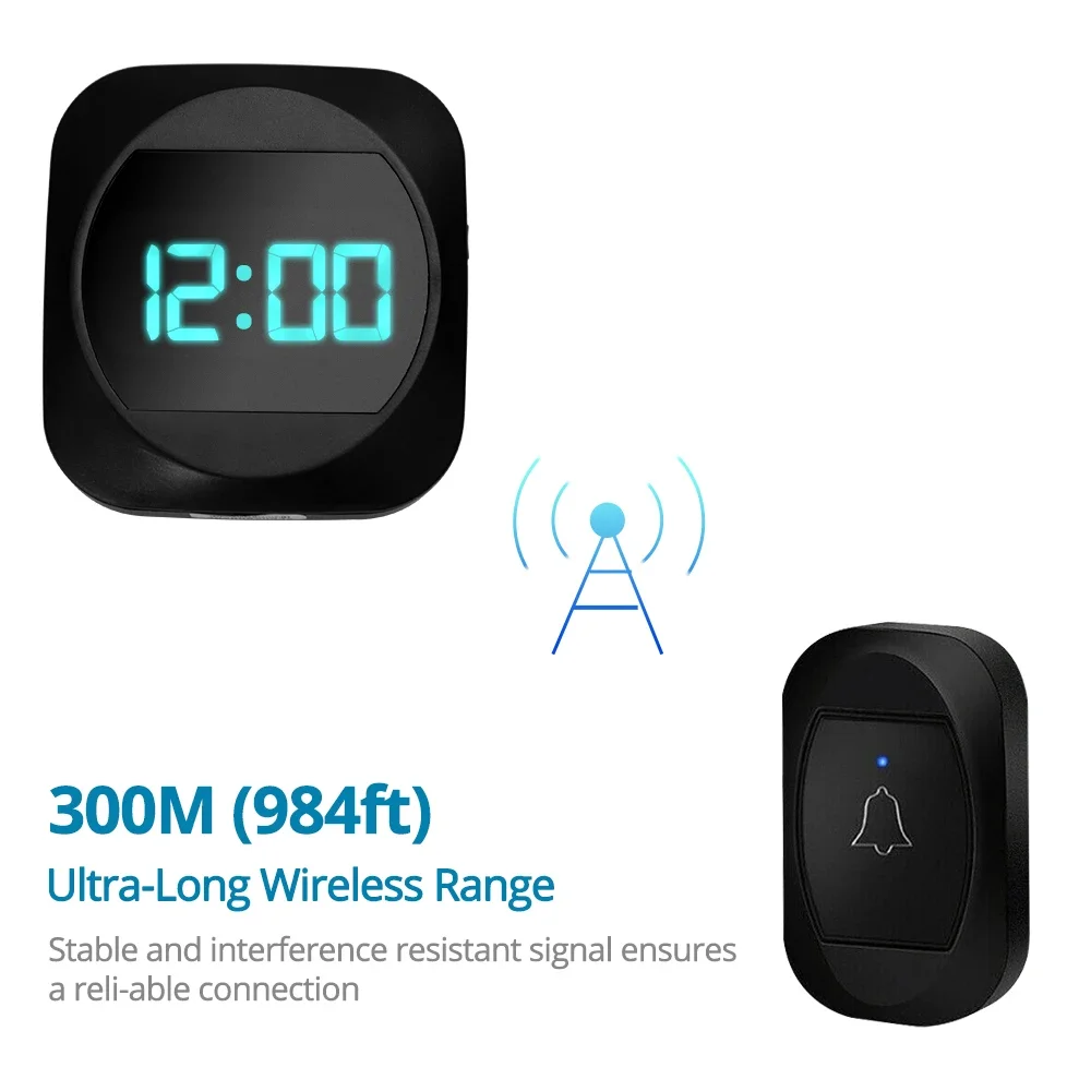 Waterproof Wireless Doorbell with Clock 60 Rings 5 Volume Chime 150M Remote Led Light Home Eu Plug  100-240V Door Bell for Home