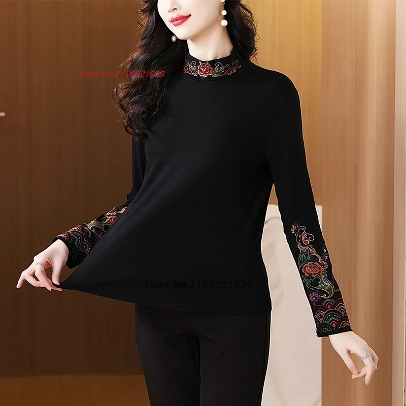 قميص صيني عتيق لعام 2025 قميص شعبي مطرز بالزهور الوطنية وياقة واقفة قميص قاعدة مبطن بالصوف التقليدي الشرقي