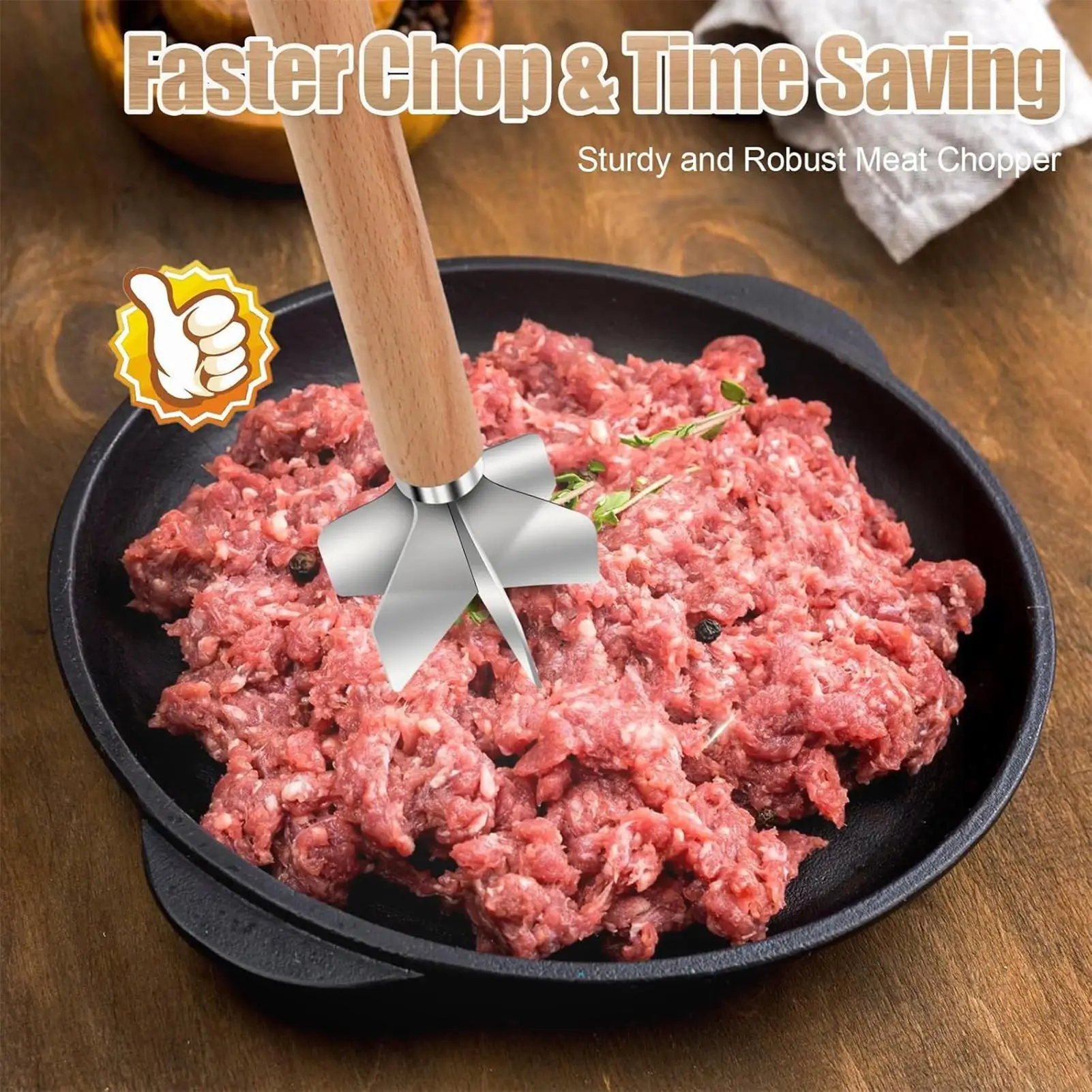 

Meat Chopper Food Chopper with Wooden Handle Non-Stick Food Masher for Meat Vegetable Potato Chicken Beef Nut Kitchen Home