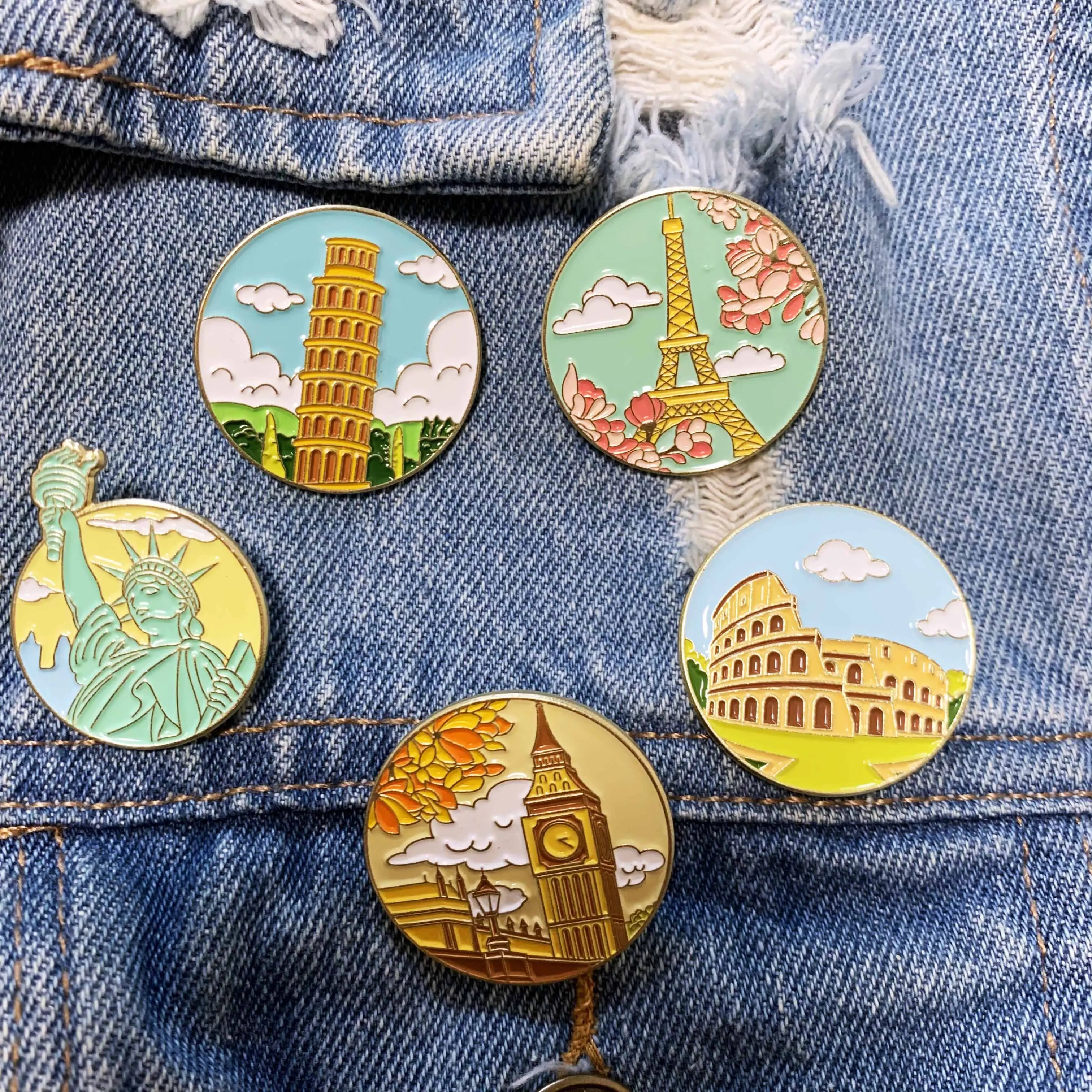 Famous Building Enamel Pins Liberty Eiffel Tower Big Ben Colosseum Tower Pisa Brooches Lapel Badges Landmark Jewelry Gift