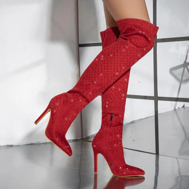 

Fashion Women Shoes New Rhinestone Knee High Boots Women High Heels Sexy Pointed Side Zipper Boots Comfortable Plus Size Zapatos