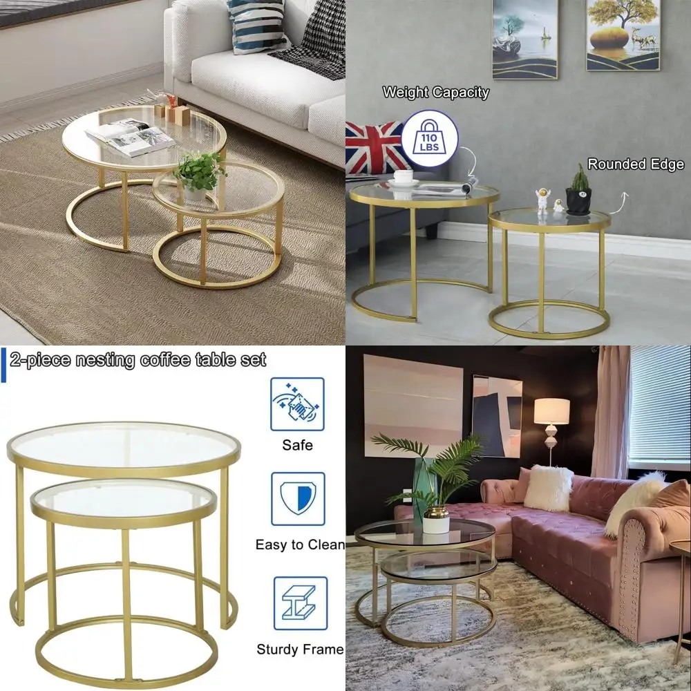 

Pair of Gold Metal Framed Glass Nesting Tables for Living Spaces and Bedrooms