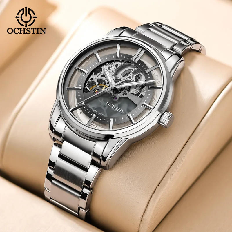 OCHSTIN New Stainless Steel Waterproof Mens Skeleton Watches Top Brand Luxury Transparent Mechanical Sport Male Wrist Watches