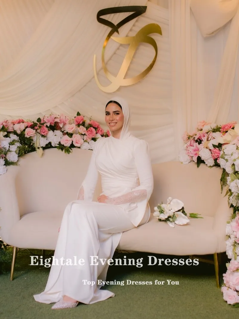 Eightale Arabisches Hochzeitskleid mit O-Ausschnitt, individuell gestaltet, weiß, elfenbeinfarben, Perlen, lange Ärmel, muslimisches Brautkleid, Meerjungfrau-Braut-Partykleid