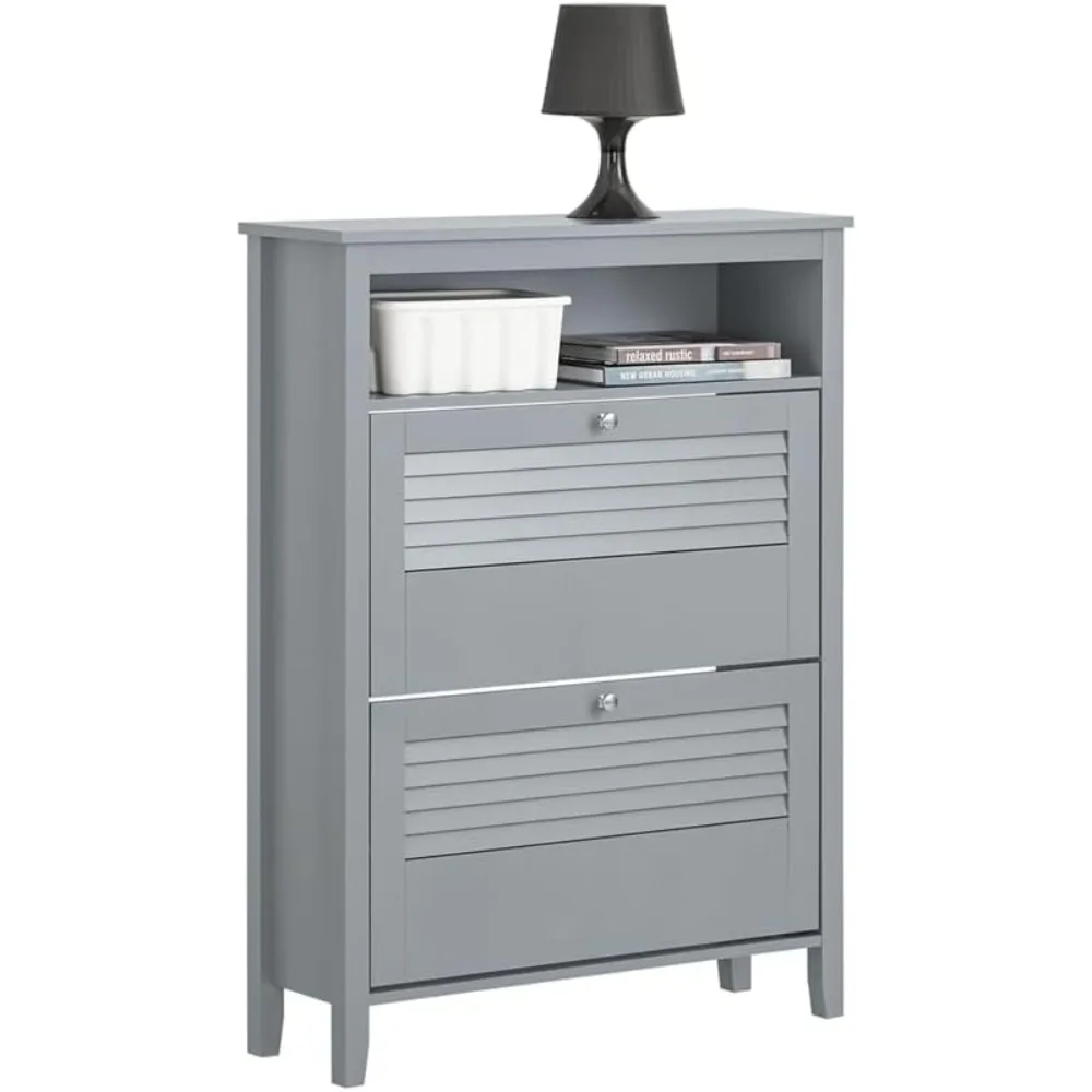 

Grey Shoe Cabinet for Entryway - Modern Shoe Rack with 2 Flip-Drawers & 1 Storage Cube - Stylish Hallway Shoe Storage Cupboard