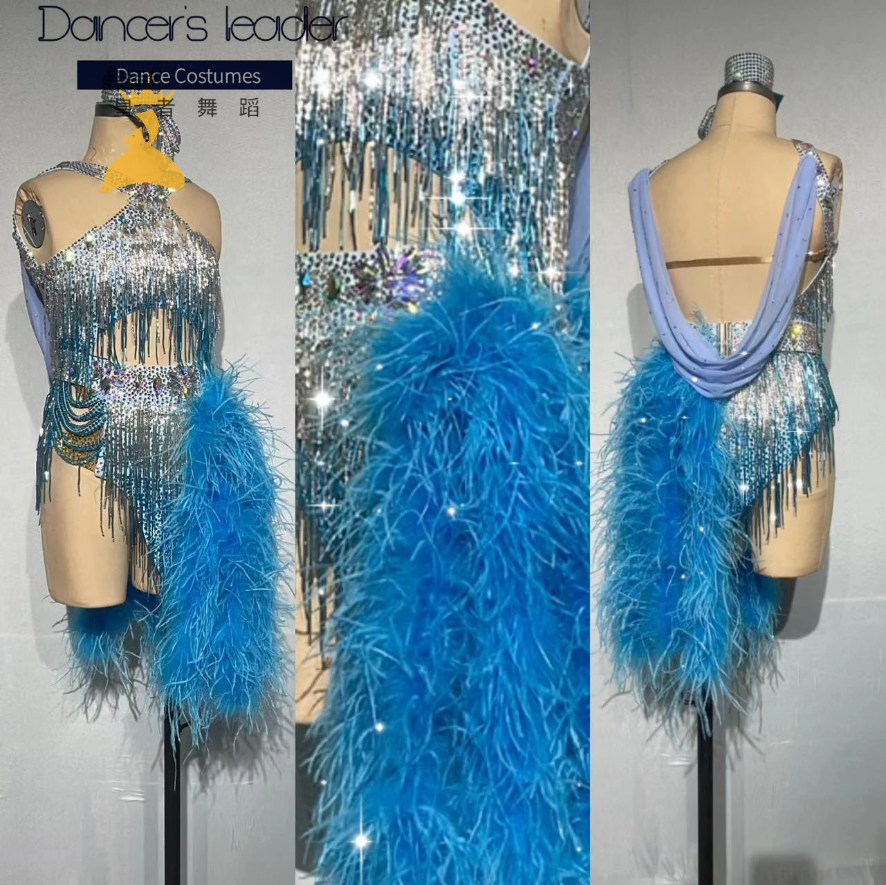 Latin Dance High-end Custom Ostrich Hair Full Diamond Blue Custom Match Suit Cha Tango Female Adult Stage Professional Dress