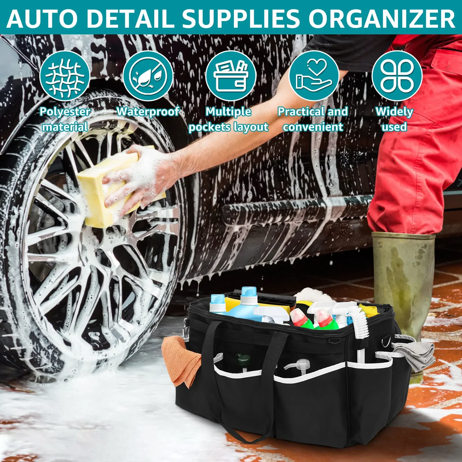 Car Detailing Bag Large Waterproof Cleaning Tool Storage Bag with Multiple Pocket & Adjustable Shoulder Strap Electric Tool Bag
