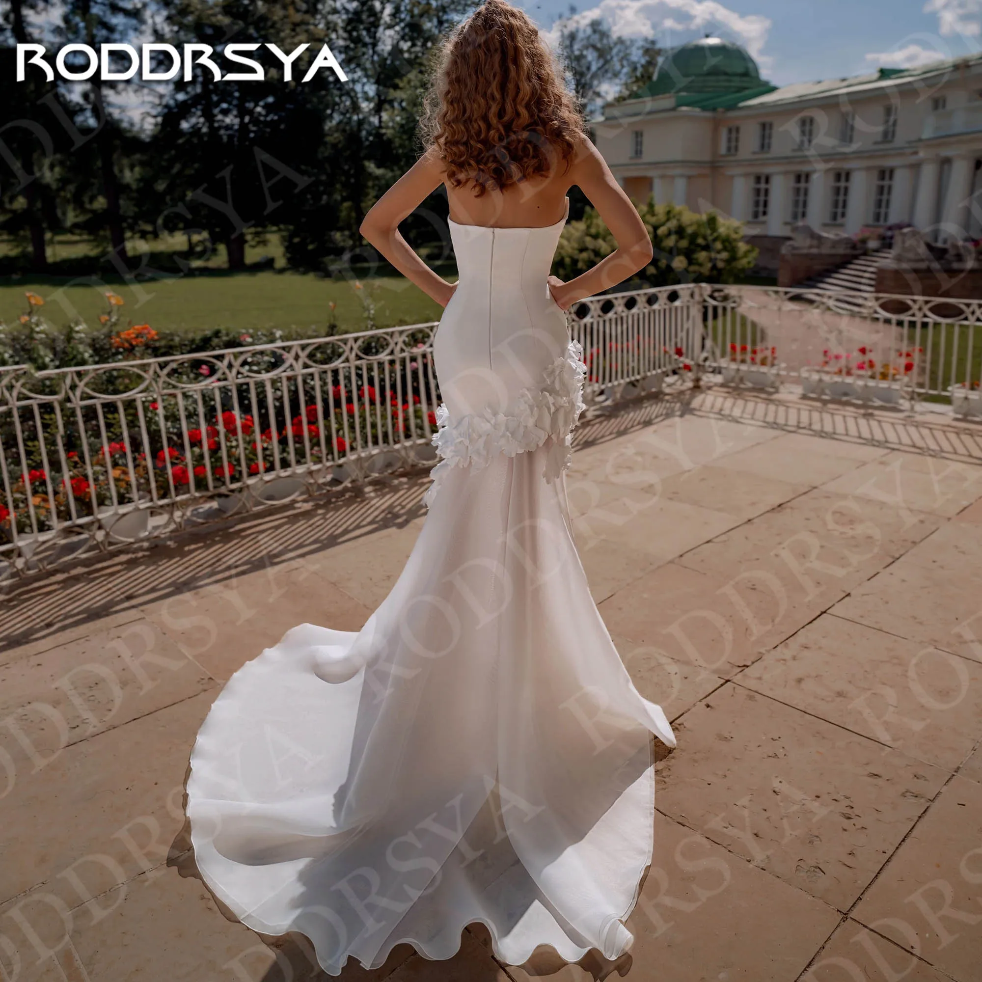 RODDRSYA Wedding Dresses Satin Strapless Bride Gowns Sleeveless 2026 3D Flowers Mermaid Bridal Dress Customized robe de mariage