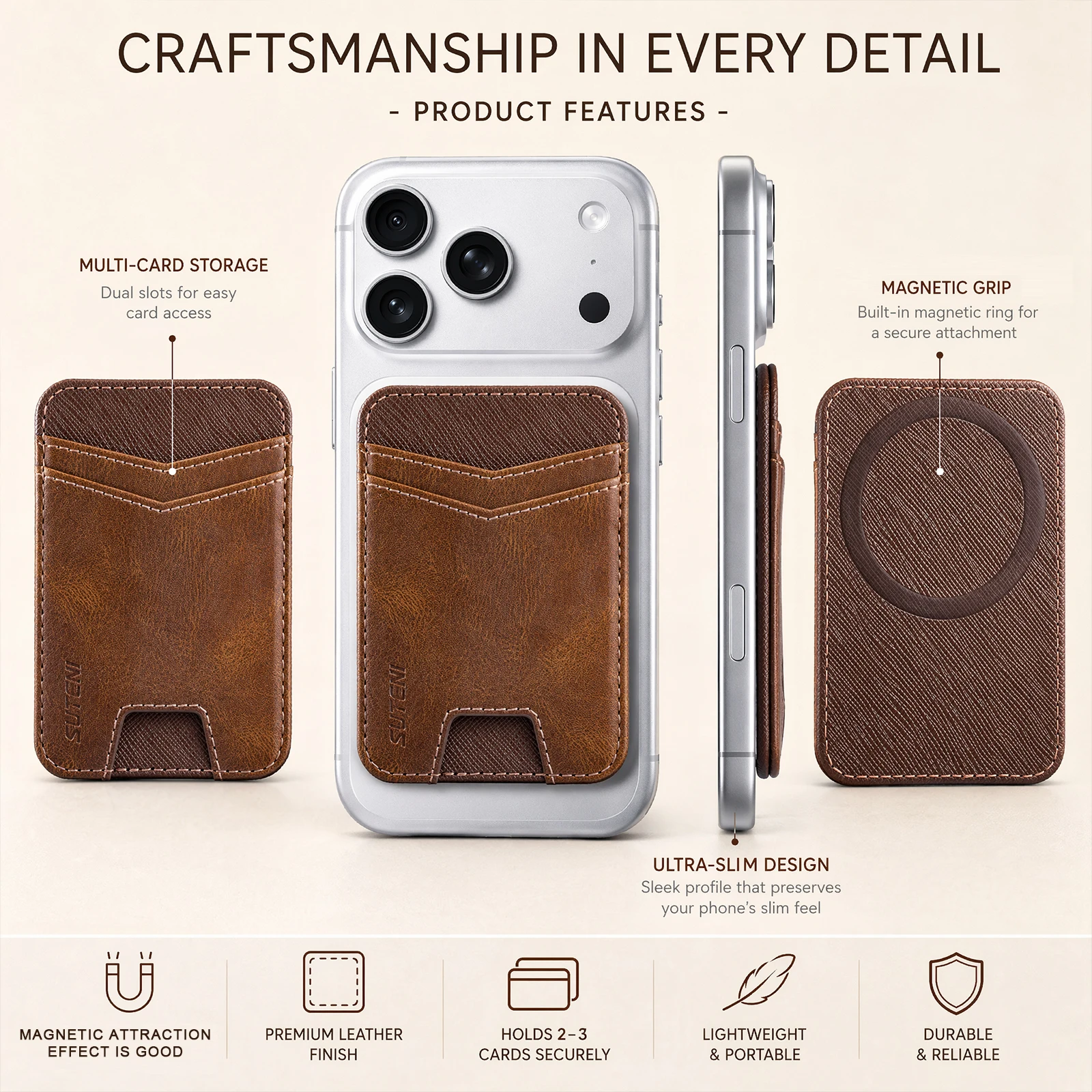 SUTENI Mobile Phone Magnet Pocket Lightweight Card Holder Storage Push Card Hole RFID Anti-skimming Faux Leather Bag Wallet view 4